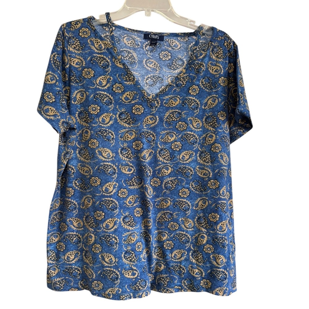 Chaps Denim Womens Plus Size 2X Blue Gold Paisley Floral V-Neck Short Sleeve Top